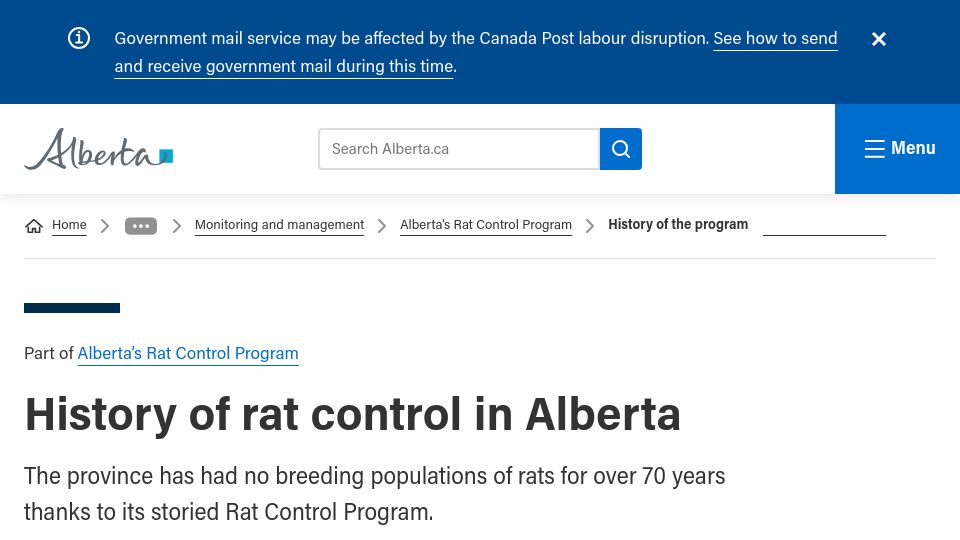 Screenshot of alberta.ca: History of rat control in Alberta