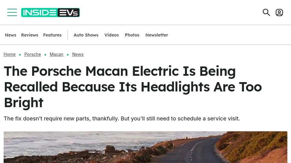 Screenshot of insideevs.com: The Porsche Macan EV is being recalled because its headlights are too bright