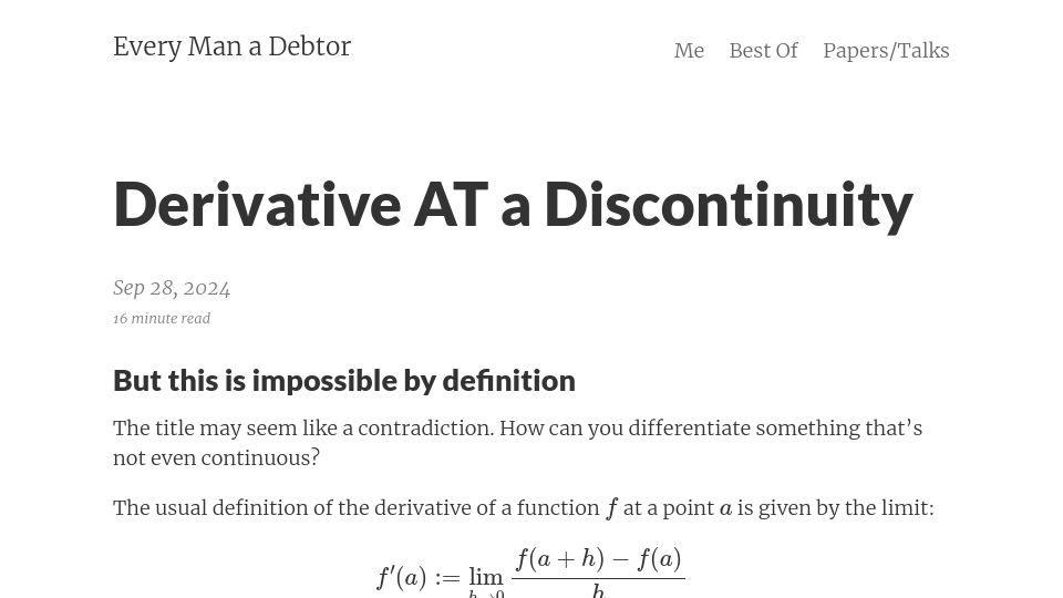 Screenshot of alok.github.io: Derivative at a Discontinuity
