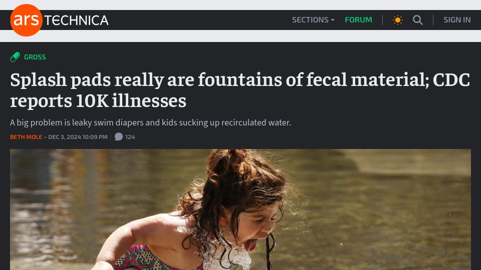 Screenshot of arstechnica.com: Splash pads are fountains of fecal material; CDC reports 10K illnesses