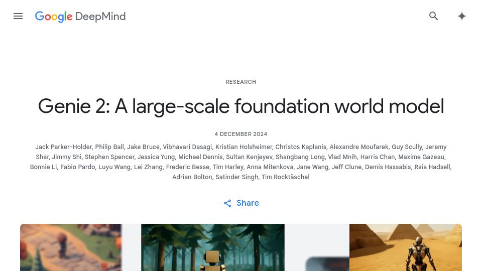Screenshot of deepmind.google: Genie 2: A large-scale foundation world model
