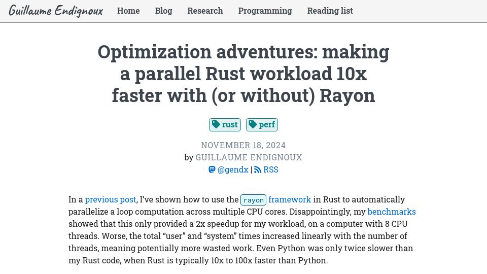 Screenshot of gendignoux.com: Making a parallel Rust workload 10x faster with (or without) Rayon