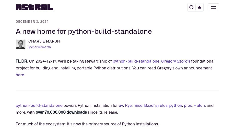 Screenshot of astral.sh: A new home for Python-build-standalone