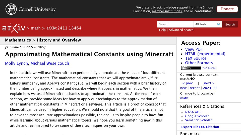 Screenshot of arxiv.org: Approximating Mathematical Constants Using Minecraft