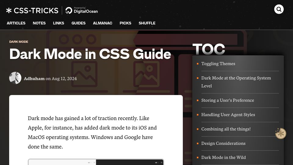 Screenshot of css-tricks.com: Dark Mode in CSS Guide
