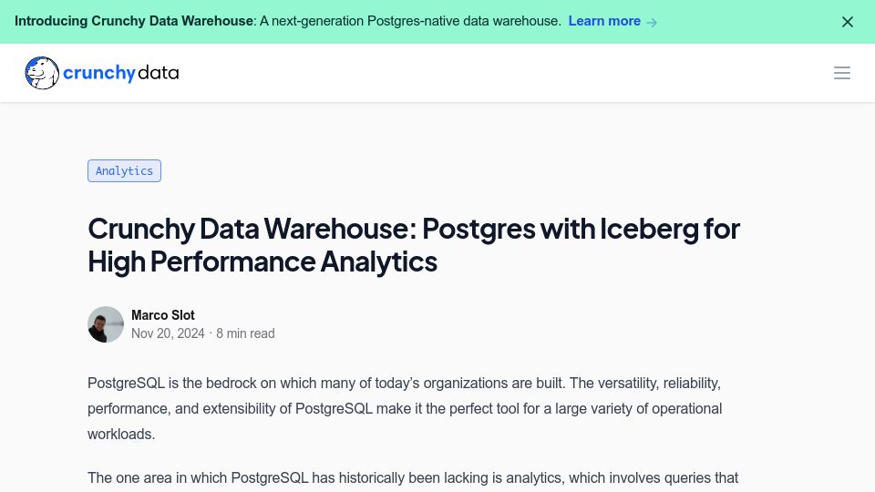 Screenshot of crunchydata.com: Crunchy Data Warehouse: Postgres with Iceberg for High Performance Analytics