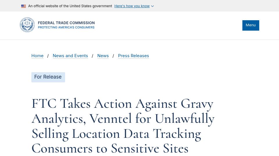 Screenshot of ftc.gov: FTC takes action against Gravy Analytics, Venntel for selling location data