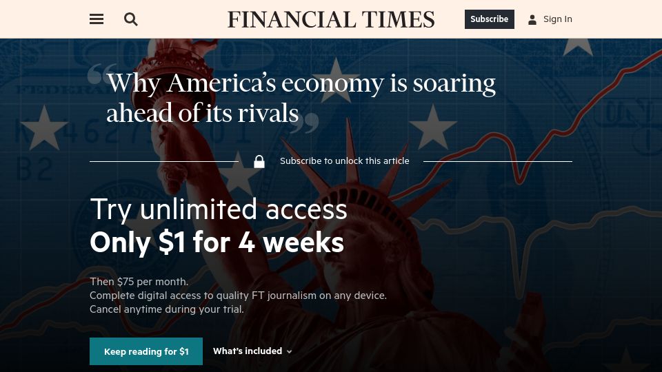 Screenshot of ft.com: Why America's economy is soaring ahead of its rivals