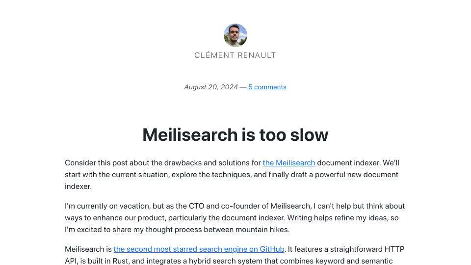 Screenshot of blog.kerollmops.com: Drawbacks and solutions for the Meilisearch document indexer
