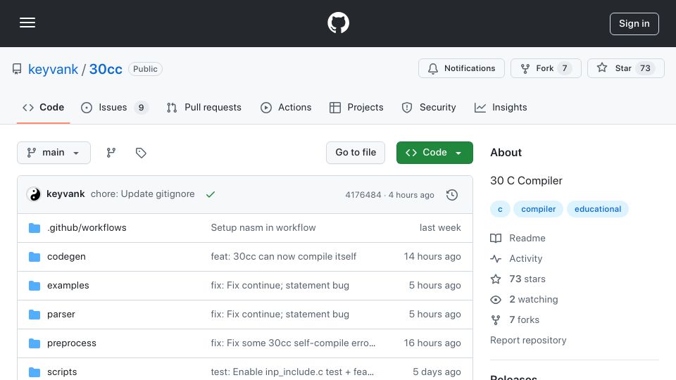 Screenshot of github.com: Show HN: My C compiler compiled itself