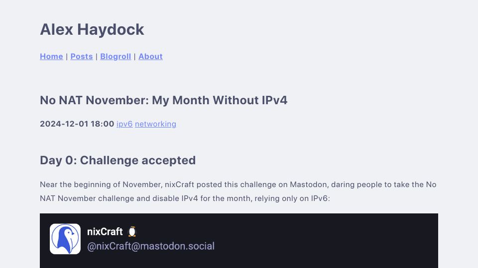 Screenshot of blog.infected.systems: No Nat November: My Month Without IPv4