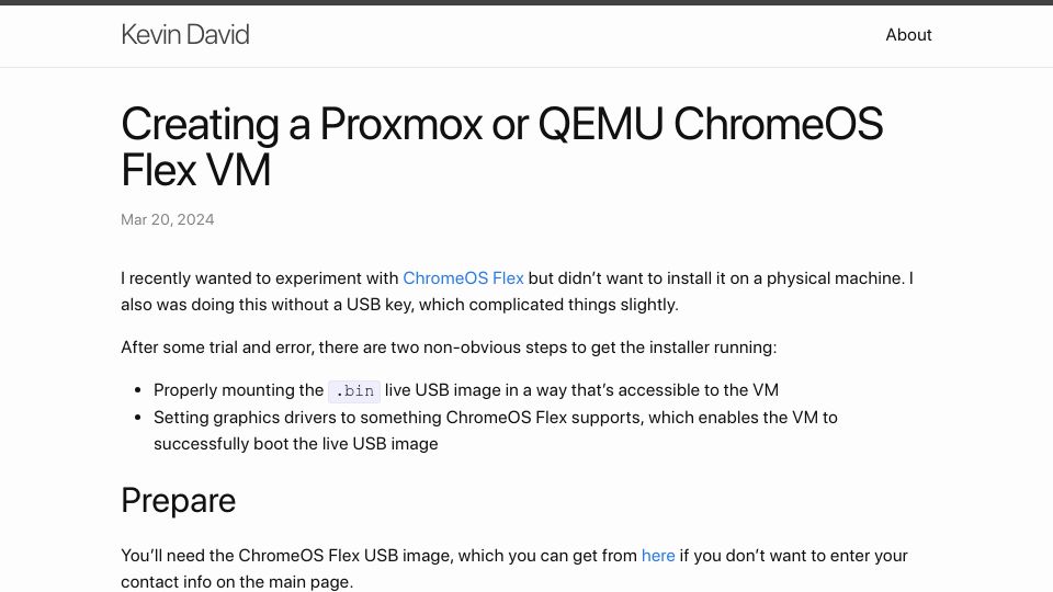 Screenshot of kevindavid.org: Creating a Proxmox or QEMU ChromeOS Flex VM