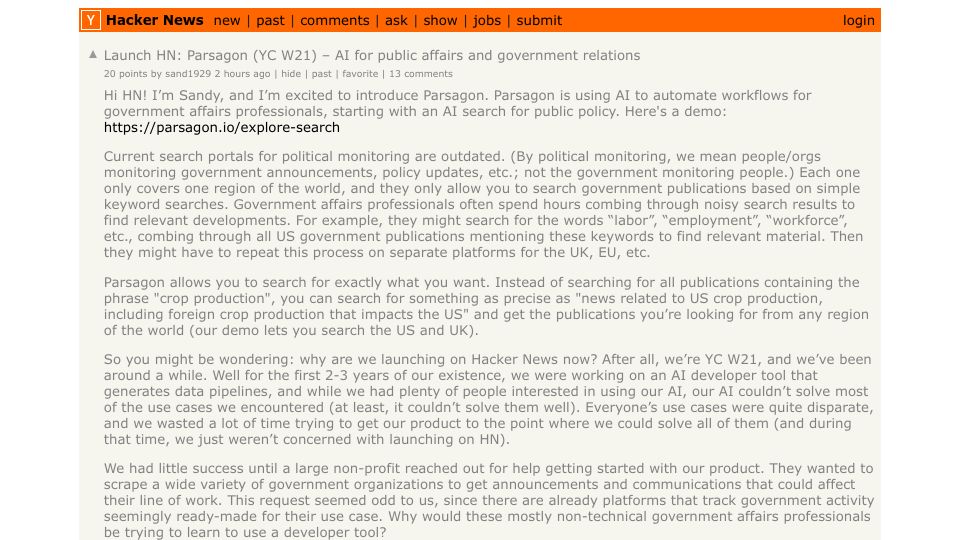 Screenshot of Hacker News post: Launch HN: Parsagon (YC W21) – AI for public affairs and government relations