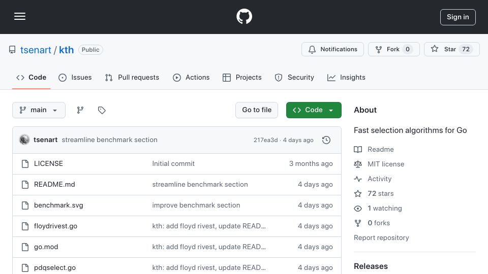 Screenshot of github.com: Kth: High-Performance Selection Algorithms for Go