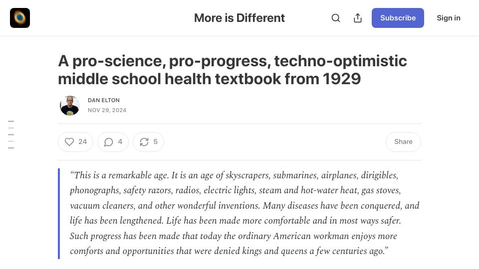 Screenshot of moreisdifferent.blog: A pro-science, pro-progress, techno-optimistic health textbook from 1929