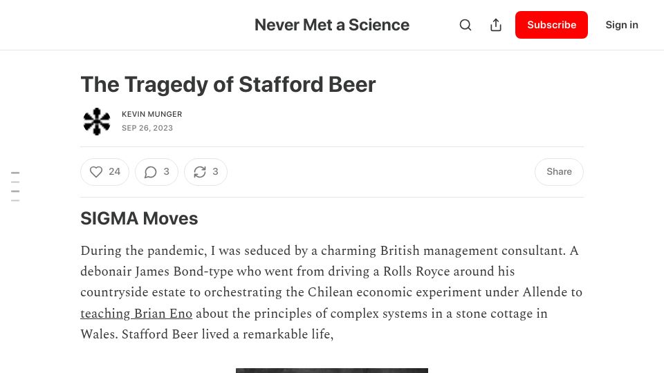 Screenshot of kevinmunger.substack.com: The Tragedy of Stafford Beer (2023)