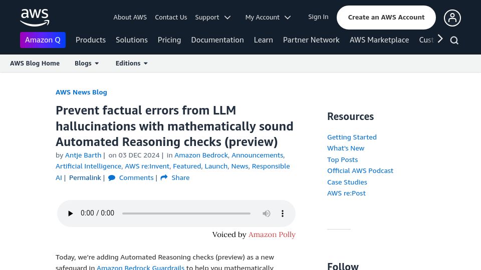Screenshot of aws.amazon.com: Automated reasoning to remove LLM hallucinations