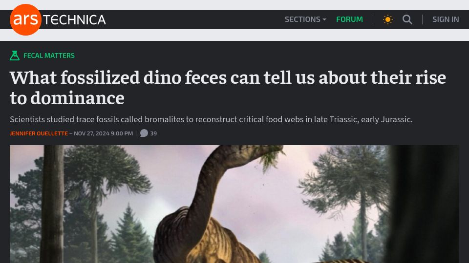 Screenshot of arstechnica.com: What fossilized dino feces can tell us about their rise to dominance