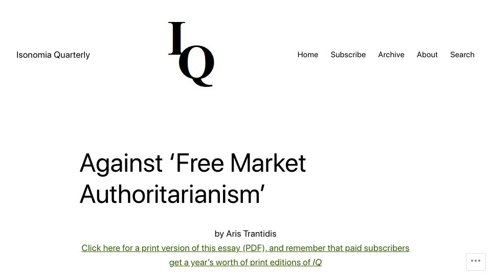 Screenshot of isonomiaquarterly.com: Against 'Free Market Authoritarianism'