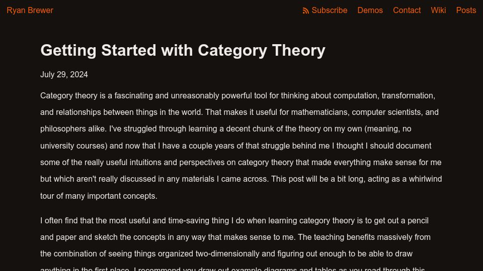 Screenshot of ryanbrewer.dev: Getting Started with Category Theory