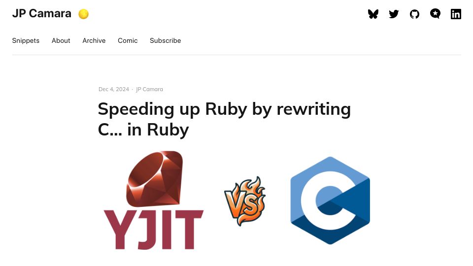 Screenshot of jpcamara.com: Speeding up Ruby by rewriting C in Ruby