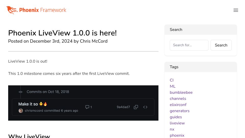 Screenshot of phoenixframework.org: Phoenix LiveView 1.0.0 is here