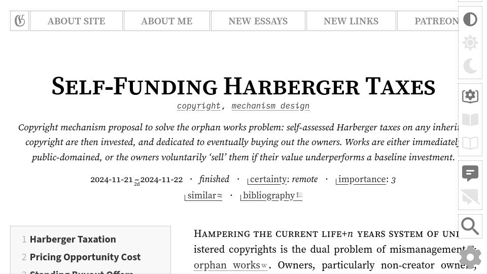 Screenshot of gwern.net: Self-Funding Harberger Taxes