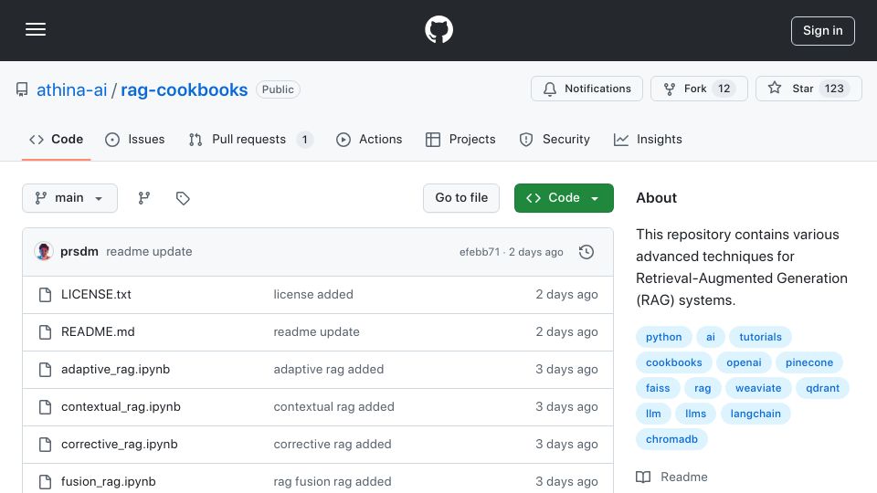 Screenshot of github.com: Show HN: Open-Source Colab Notebooks to Implement Advanced RAG Techniques