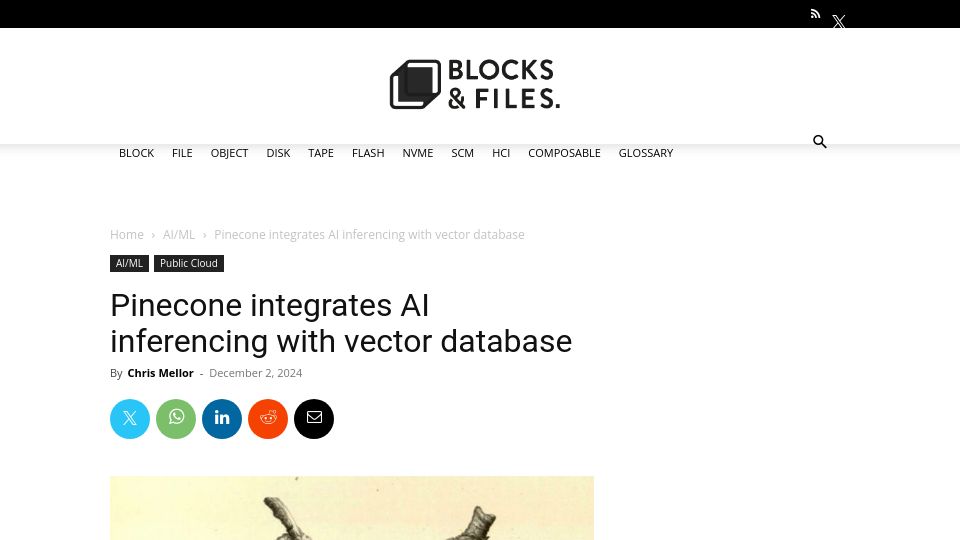 Screenshot of blocksandfiles.com: Pinecone integrates AI inferencing with vector database