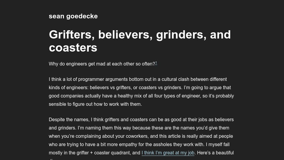 Screenshot of seangoedecke.com: Grifters, believers, grinders, and coasters