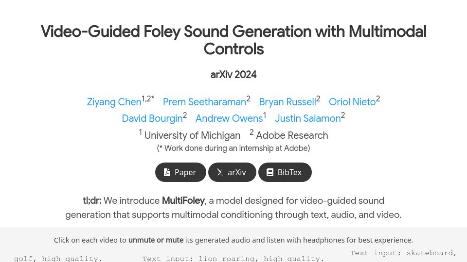 Screenshot of ificl.github.io: Video-Guided Foley Sound Generation with Multimodal Controls