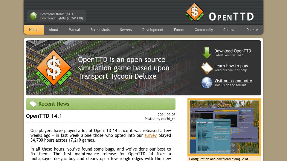 Screenshot of openttd.org: OpenTTD is an open source simulation game based upon Transport Tycoon Deluxe