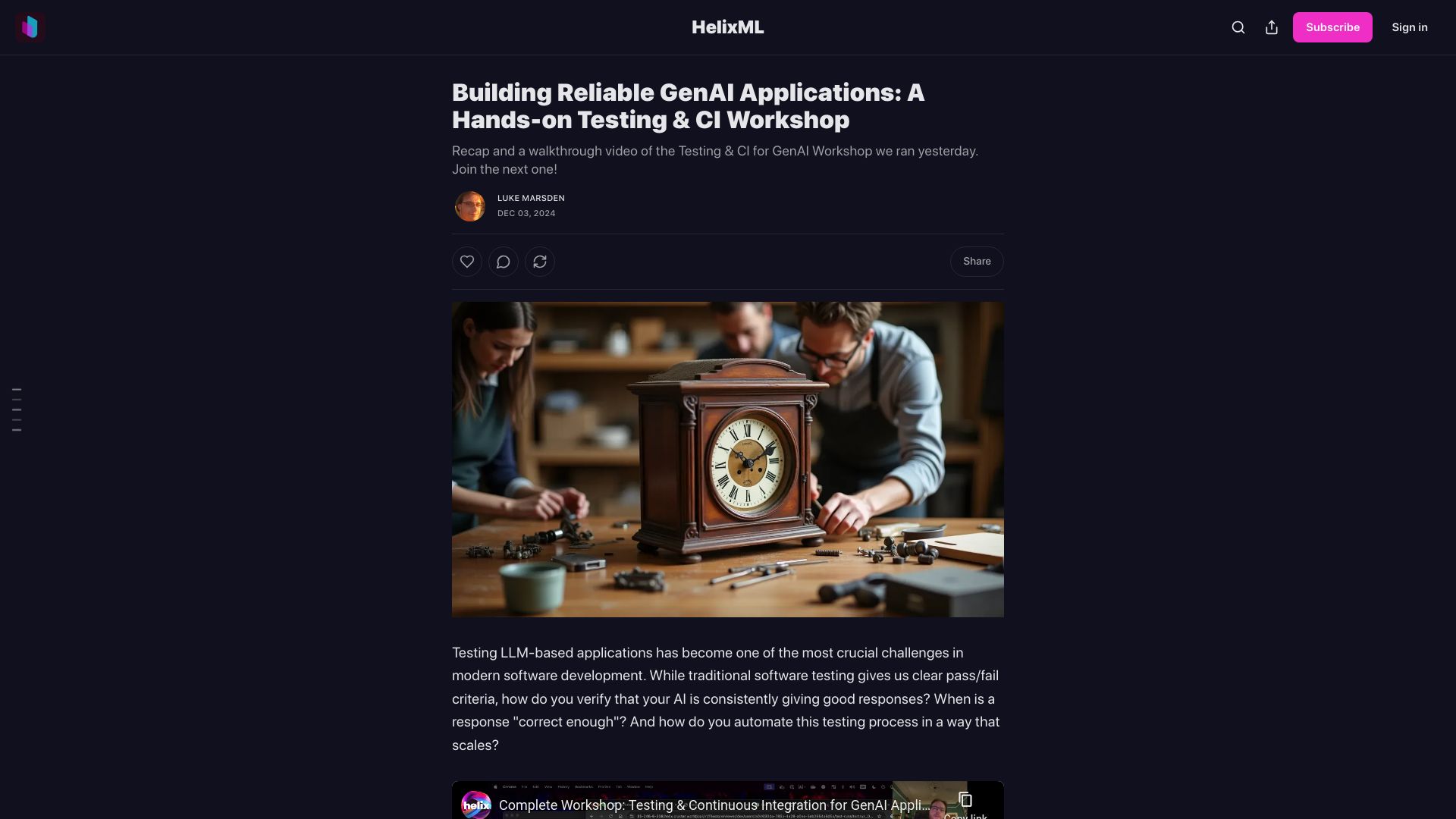 Screenshot of blog.helix.ml: Test Driven Development (TDD) for your LLMs? Yes please, more of that please
