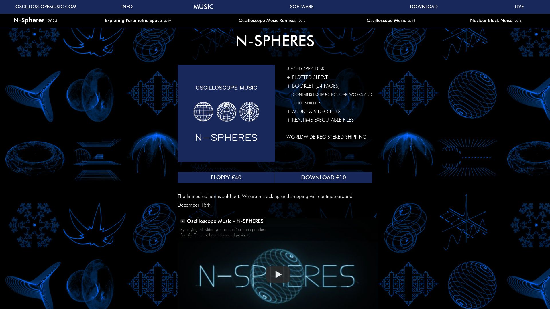 Screenshot of oscilloscopemusic.com: Oscilloscope Music N-Spheres