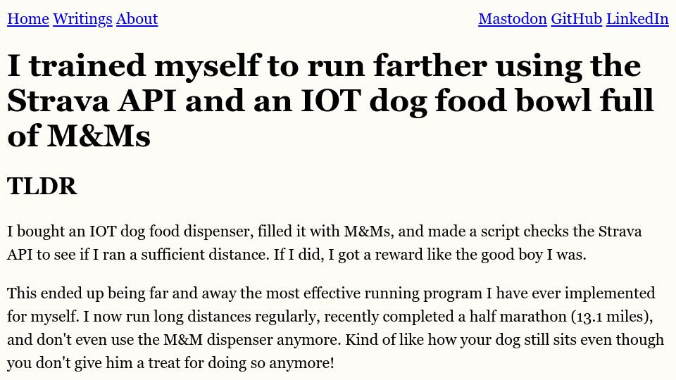 Screenshot of mayer.cool: Training myself to run farther with Strava's API and an IoT dog feeder of M&Ms