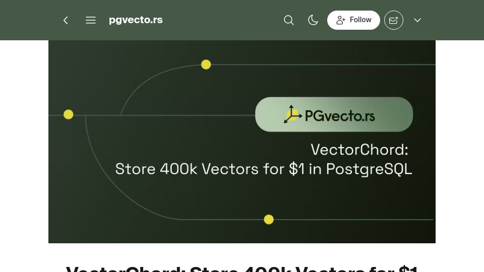 Screenshot of blog.pgvecto.rs: VectorChord: Store 400k Vectors for $1 in PostgreSQL