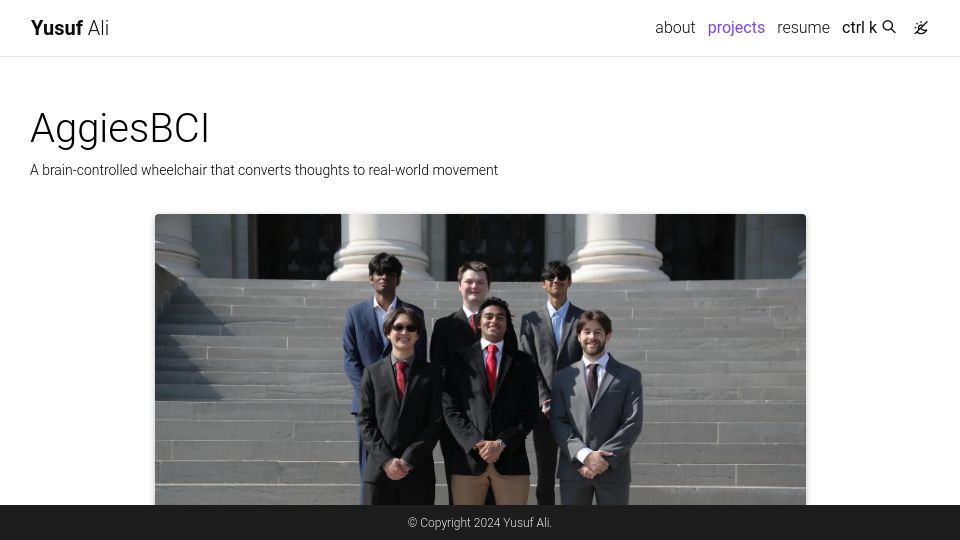 Screenshot of yusiali.com: AggiesBCI – brain-controlled wheelchair converts thoughts to real-world movement