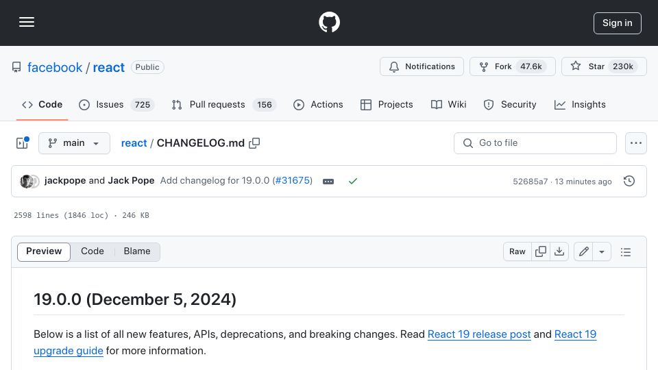 Screenshot of github.com: React 19