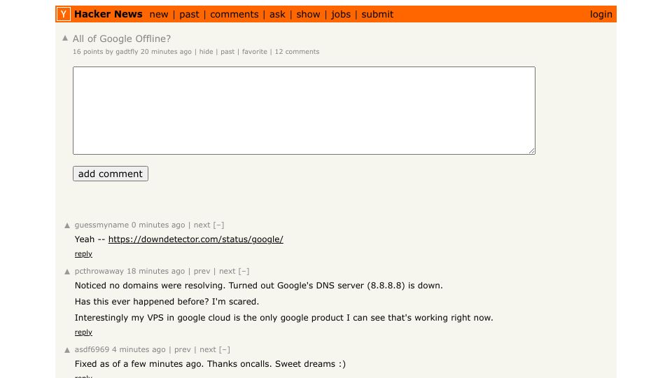 Screenshot of Hacker News post: All of Google Offline?