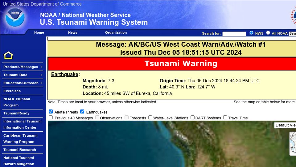 Screenshot of tsunami.gov: Tsunami Warning for Northern California