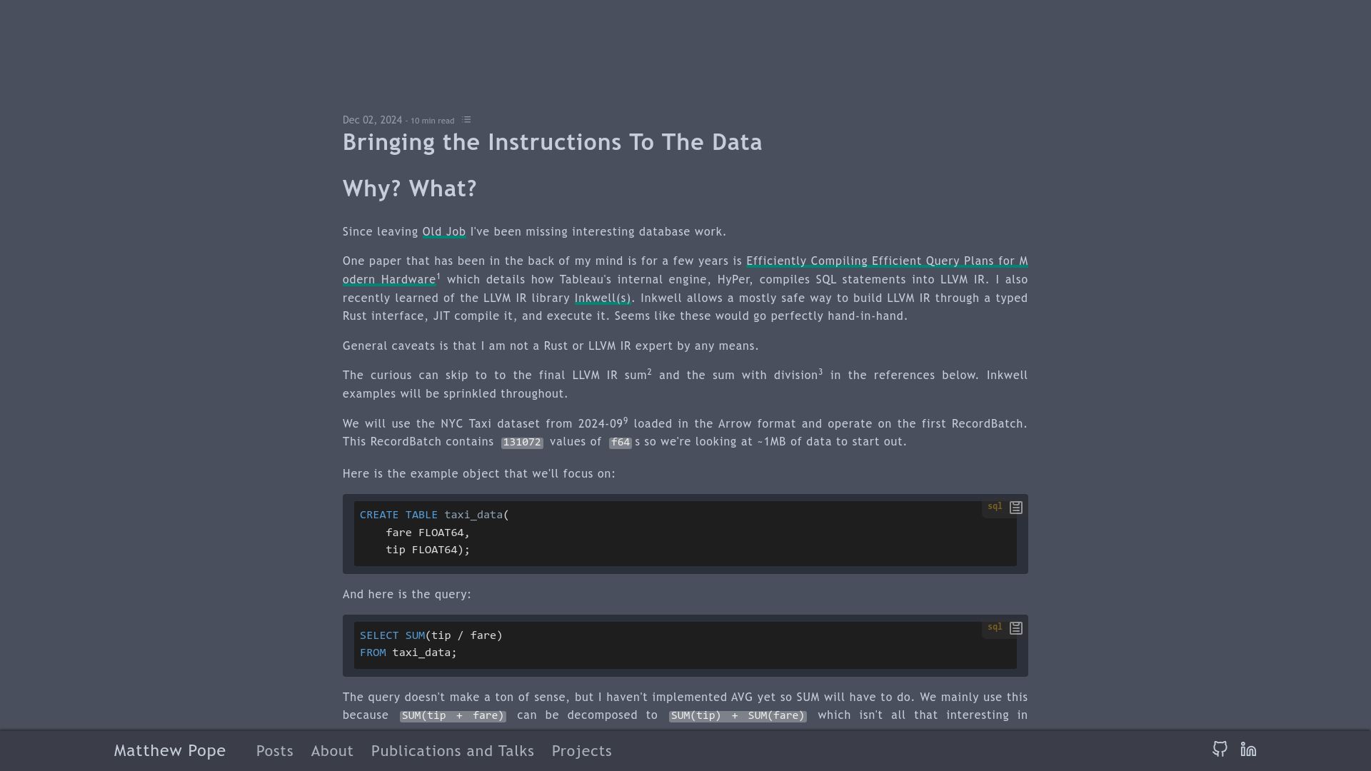 Screenshot of mattpo.pe: Bringing the Instructions to the Data