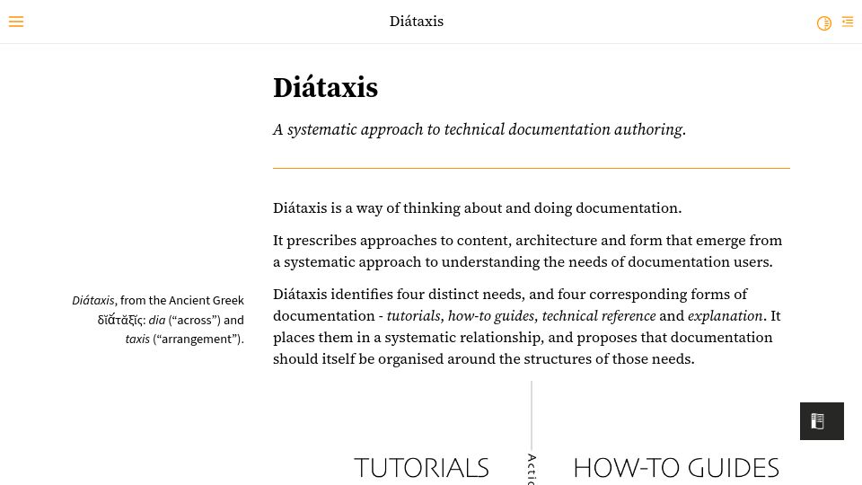 Screenshot of diataxis.fr: Diátaxis – A systematic approach to technical documentation authoring