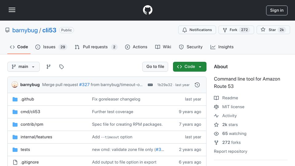 Screenshot of github.com: cli53 – Command line tool for Amazon Route 53