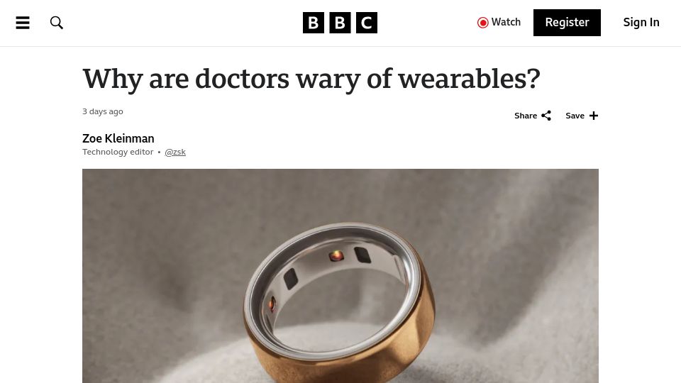 Screenshot of bbc.com: Why are doctors wary of wearables?