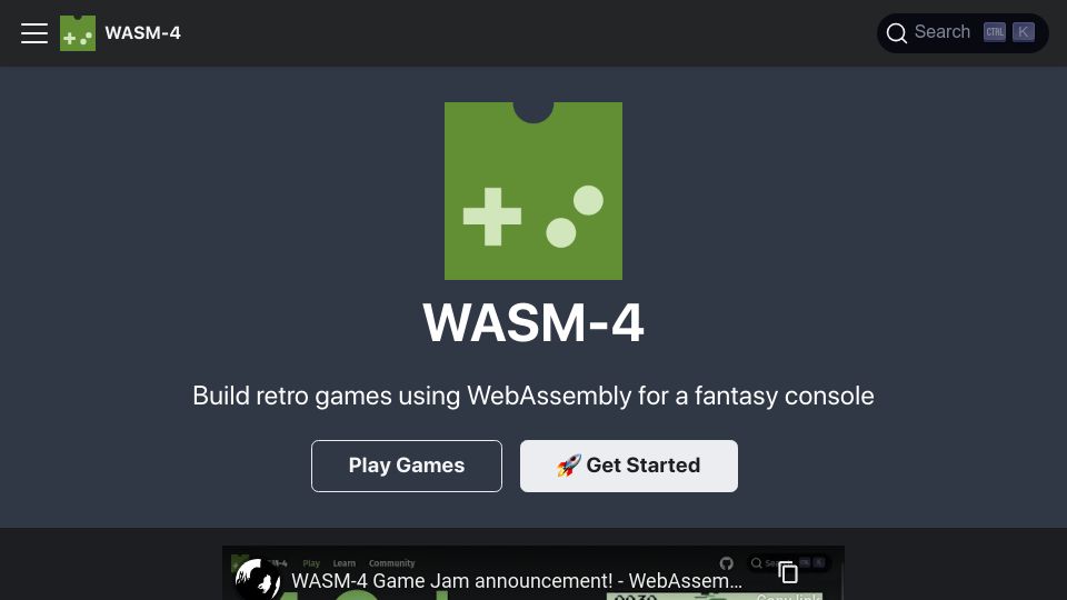 Screenshot of wasm4.org: WASM-4: Build retro games using WebAssembly for a fantasy console