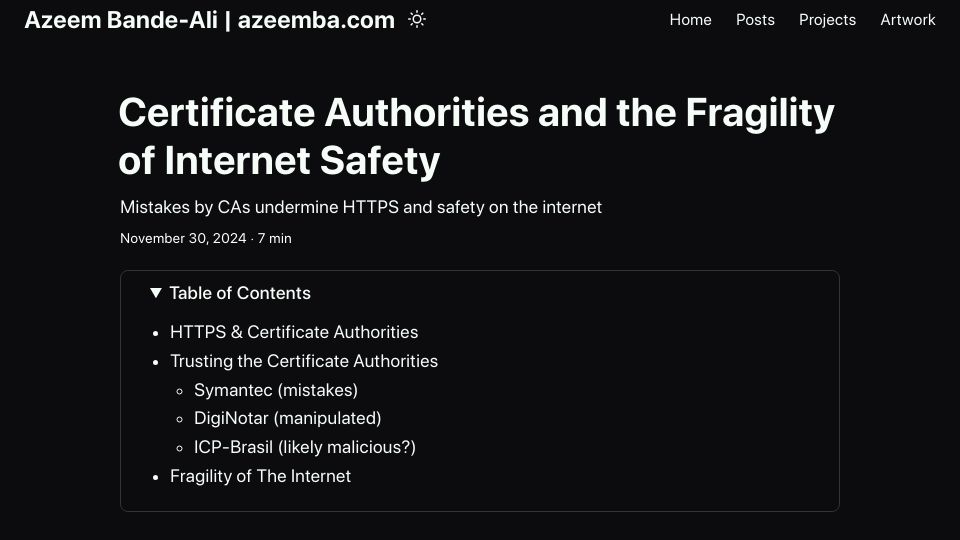 Screenshot of azeemba.com: Certificate Authorities and the Fragility of Internet Safety