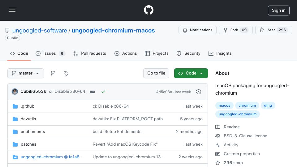 Screenshot of github.com: macOS Packaging for Ungoogled-Chromium
