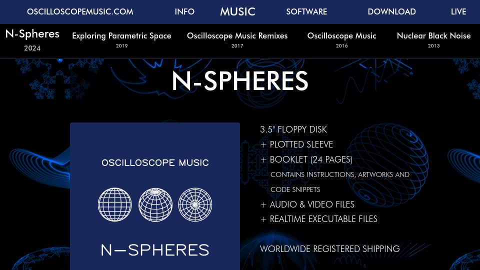 Screenshot of oscilloscopemusic.com: Oscilloscope Music N-Spheres