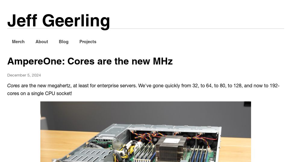 Screenshot of jeffgeerling.com: AmpereOne: Cores Are the New MHz