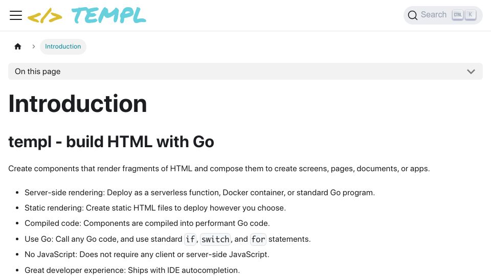 Screenshot of templ.guide: Building HTML in Go